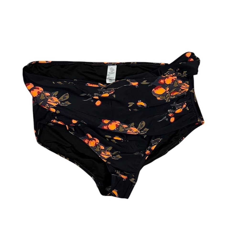 Meetcurve Womens 4XL High Waisted Bikini Bottoms Black Orange Citrus Ruched Wrap